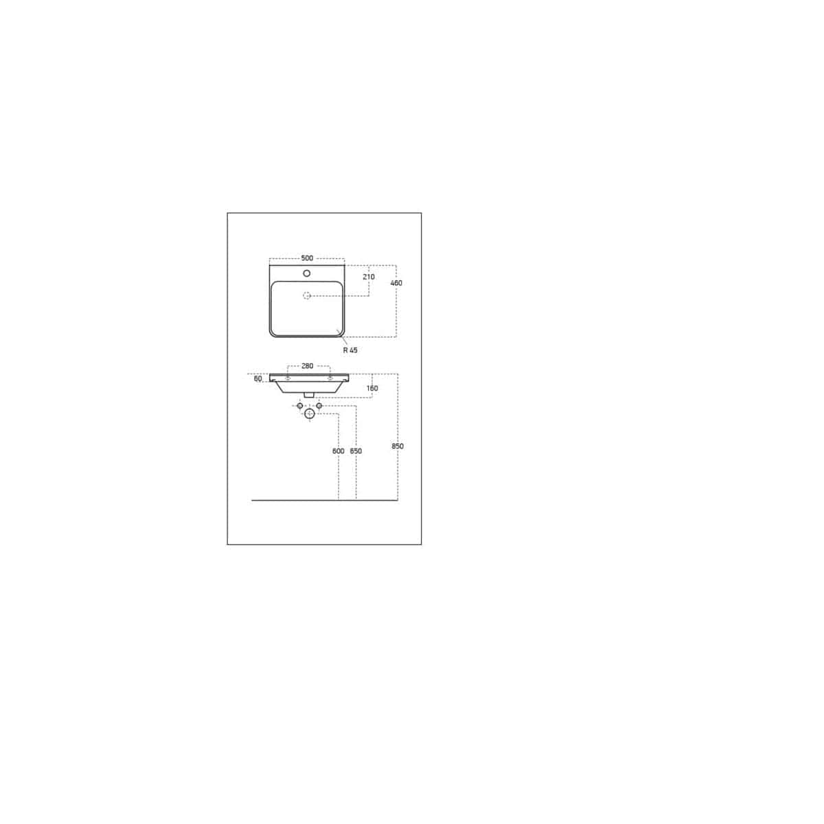 High-quality technical drawing of a modern bathroom sink design with detailed measurements and specifications, ideal for bathroom renovation and installation projects.