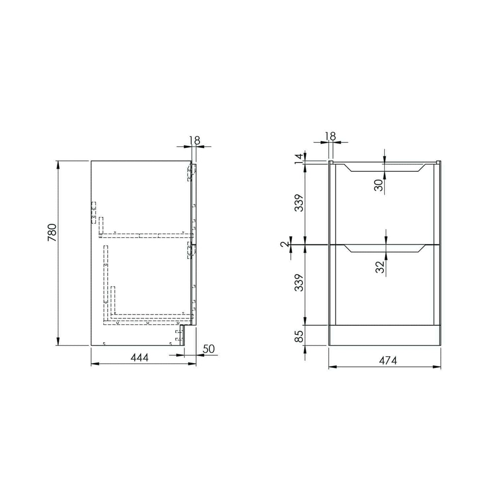 High-quality technical bathroom furniture drawings by Bubly Bathrooms, featuring detailed measurements and sleek modern design for custom bathroom cabinetry and storage solutions.