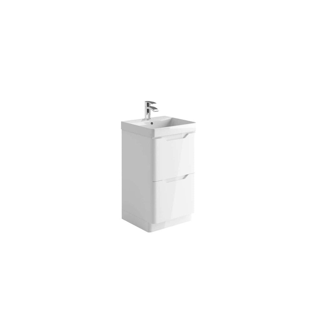 Bathroom vanity unit with integrated sink and modern chrome faucet, ideal for contemporary bathroom interiors. Compact design with storage drawers, perfect for bathroom organisation and style.
