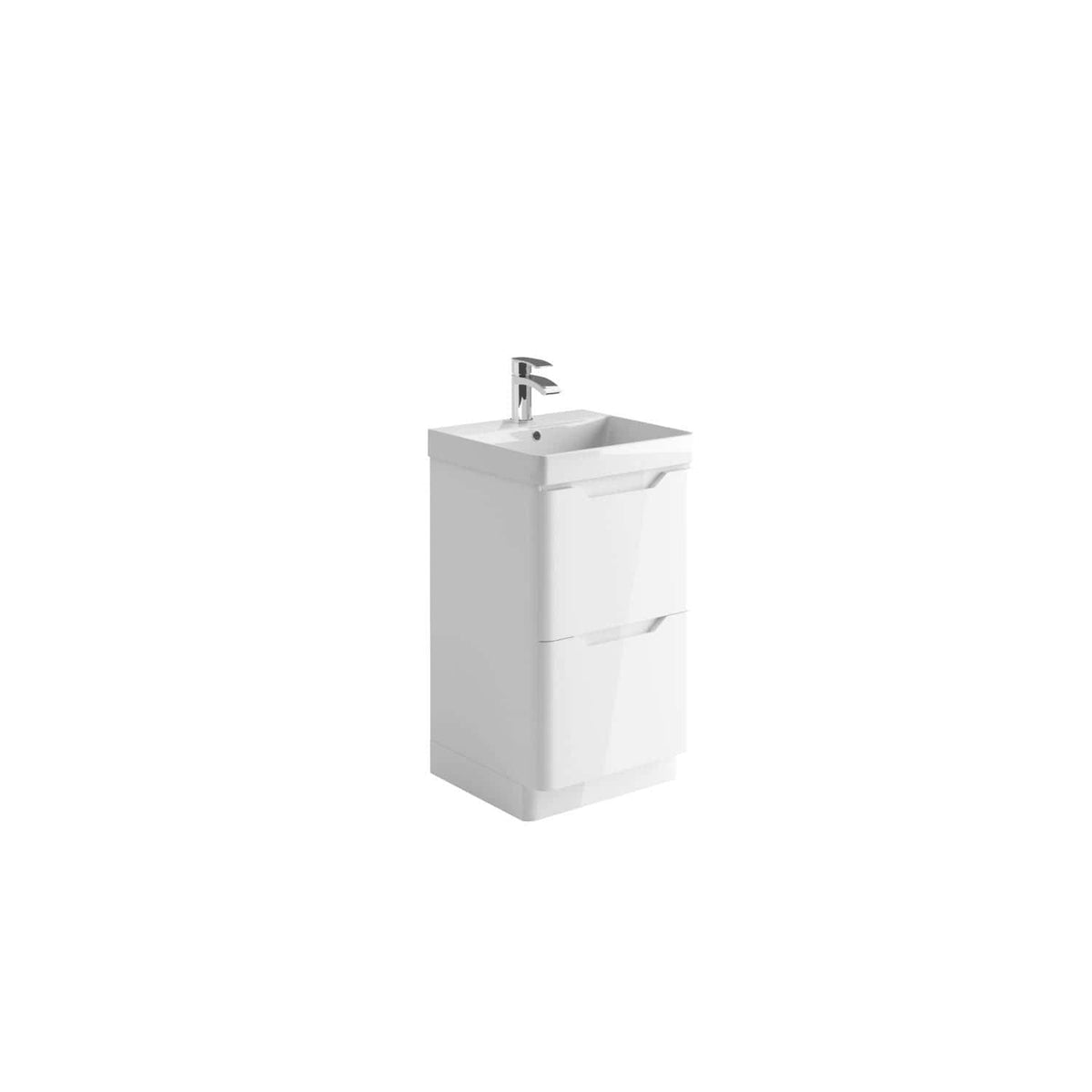 Bathroom vanity unit with integrated sink and modern chrome faucet, ideal for contemporary bathroom interiors. Compact design with storage drawers, perfect for bathroom organisation and style.
