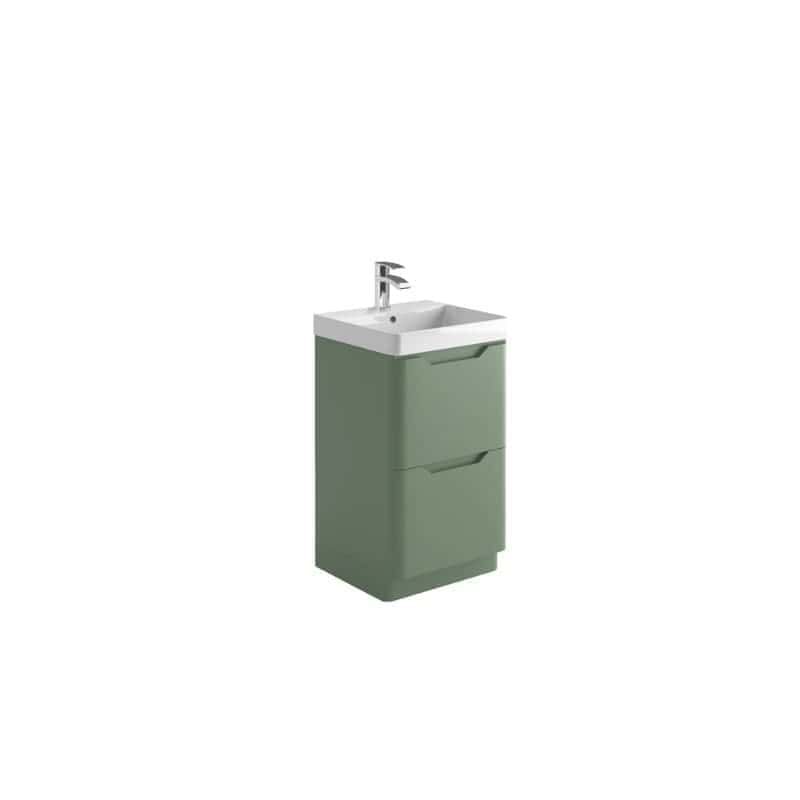 Modern green bathroom vanity with integrated sink and storage drawers, ideal for contemporary bathrooms and providing practical functionality.