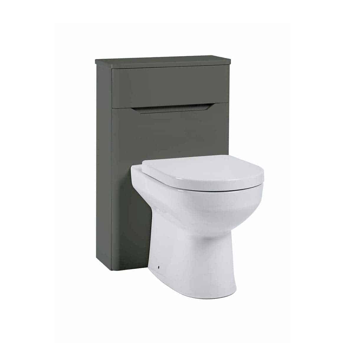 Toilet with grey concealed cistern unit and modern white ceramic toilet bowl in bathroom setting, ideal for contemporary bathroom renovation, space-saving design, and reliable flushing mechanism.