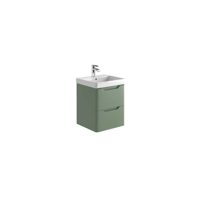 Compact green bathroom vanity unit with integrated sink, ideal for modern bathroom designs and space-efficient storage solutions. Perfect for stylish and functional bathroom renovations.