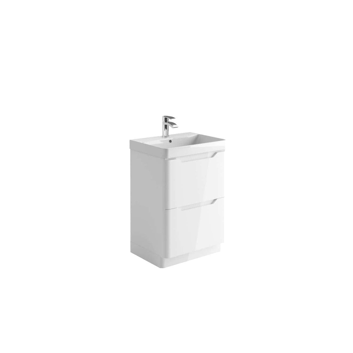Sleek white bathroom vanity unit with integrated sink and modern chrome tap, ideal for compact bathroom spaces and modern bathroom designs.