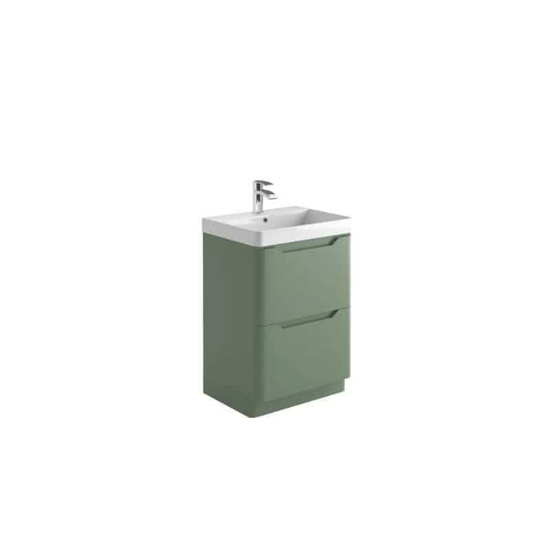 Green bathroom vanity with integrated sink and chrome faucet, ideal for modern bathroom storage and countertop space. Perfect for home renovation or bathroom upgrades.