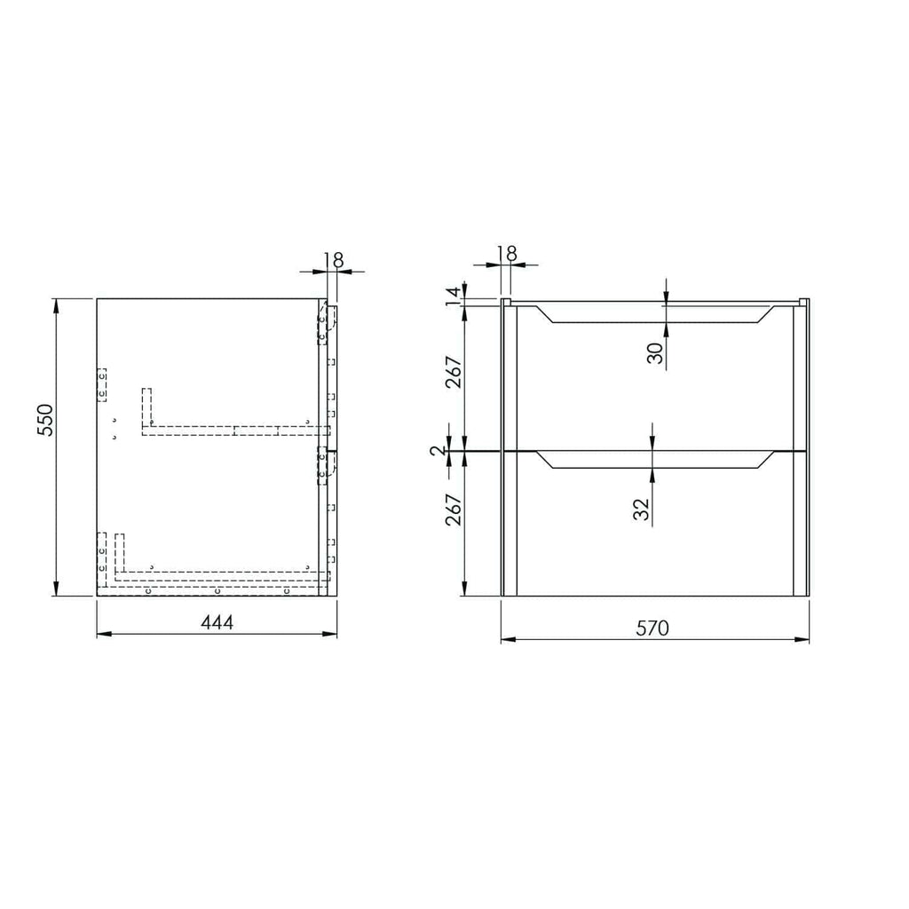High-quality technical bathroom storage unit with detailed measurements and dimensions for custom installation, ideal for modern bathroom organisation and renovation projects.