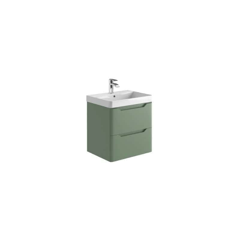 Modern green bathroom vanity with sink and chrome tap, ideal for contemporary bathroom designs, offering functional storage and stylish aesthetics.