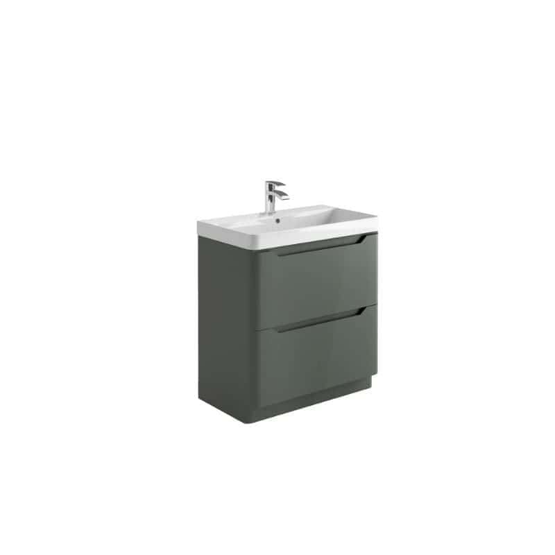 Grey bathroom vanity unit with integrated sink, modern bathroom furniture, sleek storage solution for bathrooms, contemporary grey bathroom furniture design, Bubly Bathrooms product for stylish bathroom upgrade.