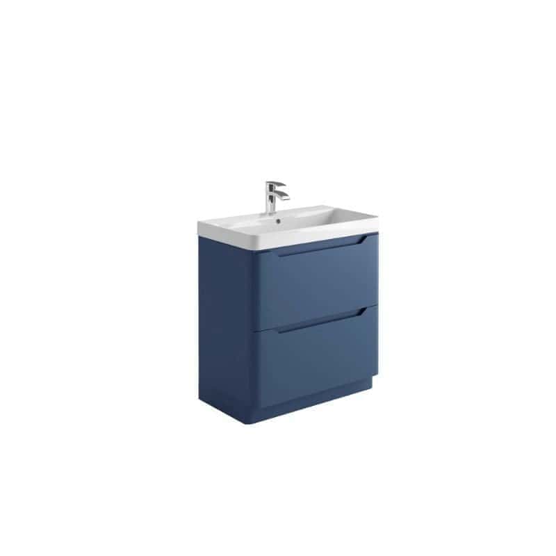 Modern blue bathroom vanity unit with integrated sink and storage drawers, ideal for contemporary bathroom remodels and space-saving bathroom furniture.