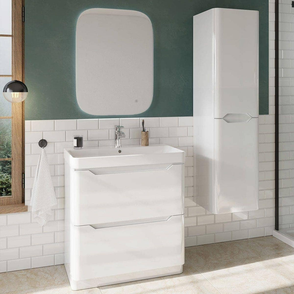 Sleek white bathroom vanity with integrated sink, modern faucet, and wall-mounted storage cabinet in contemporary bathroom setting.