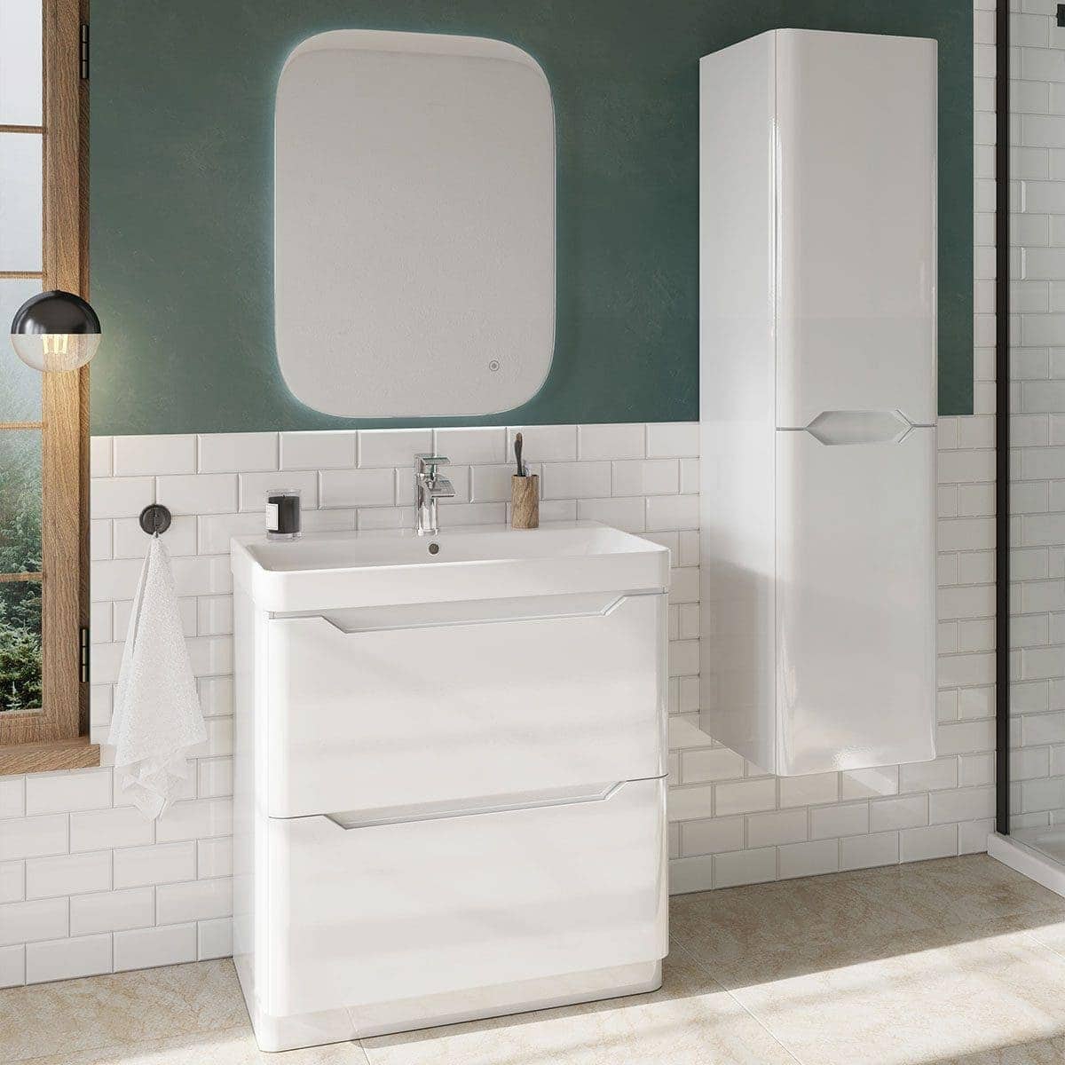 Sleek white bathroom vanity with integrated sink, modern faucet, and wall-mounted storage cabinet in contemporary bathroom setting.