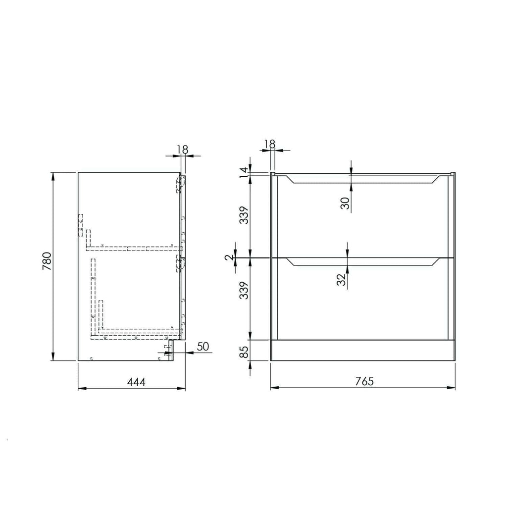 High-quality technical drawing of Bubly Bathrooms storage unit, showcasing dimensions and detailed structure for precise bathroom design and renovation projects.