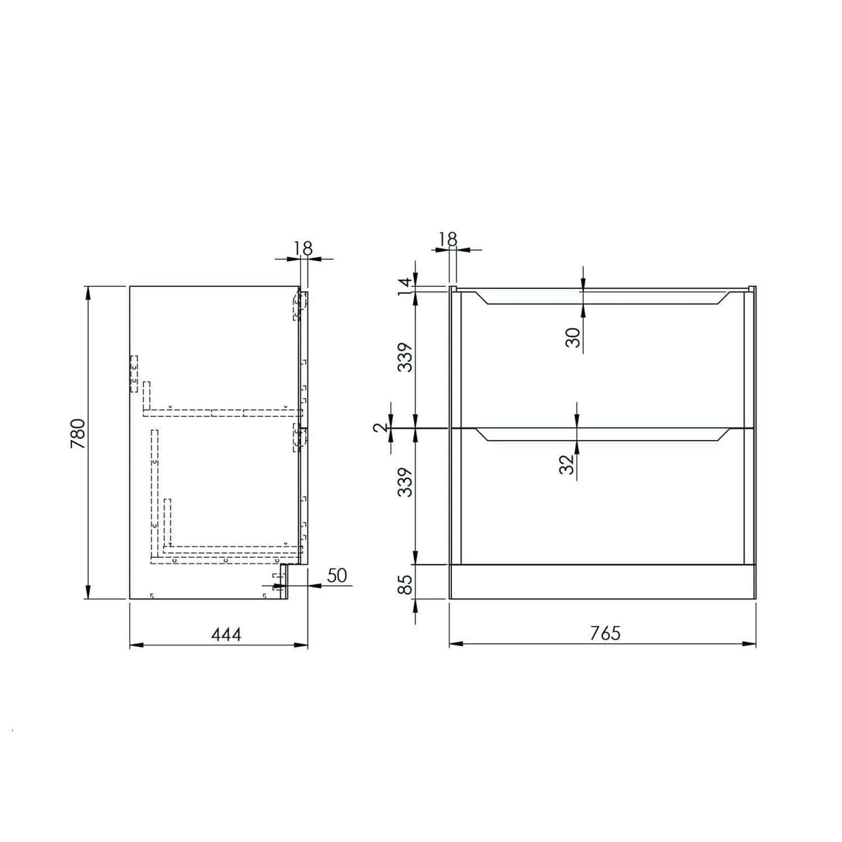 High-quality technical drawing of Bubly Bathrooms storage unit, showcasing dimensions and detailed structure for precise bathroom design and renovation projects.