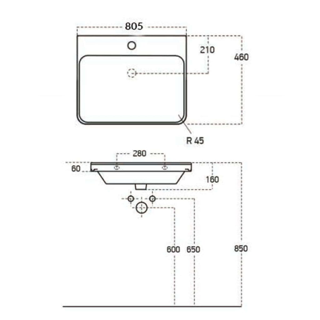 A technical drawing of a bathroom sink with detailed measurements and specifications.