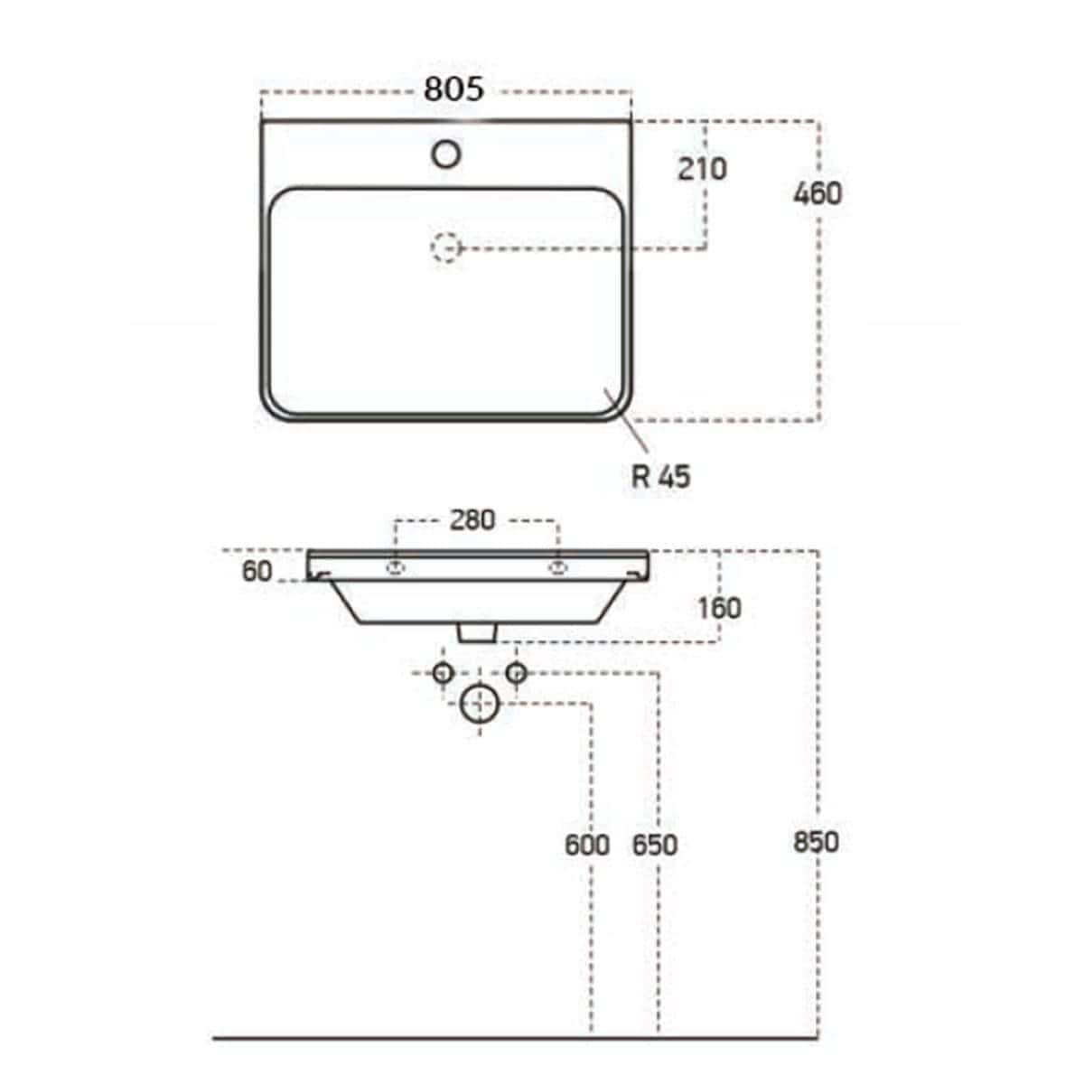 A technical drawing of a bathroom sink with detailed measurements and specifications.