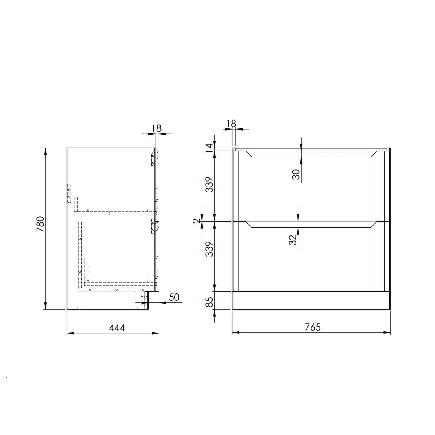 High-quality technical drawing of Bubly Bathrooms storage unit, showcasing dimensions and detailed structure for precise bathroom design and renovation projects.