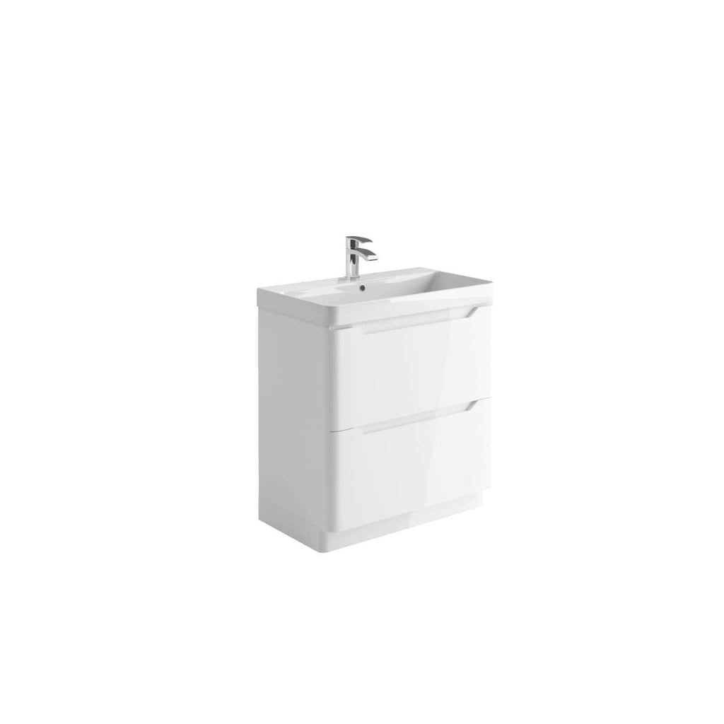Modern white bathroom vanity with integrated sink and chrome faucet, ideal for contemporary bathroom design, offering storage and style.