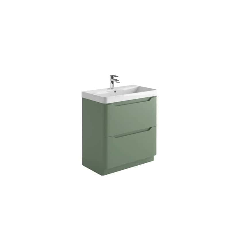 Modern green bathroom vanity cabinet with integrated sink and chrome tap, ideal for contemporary bathrooms, from Bubly Bathrooms.
