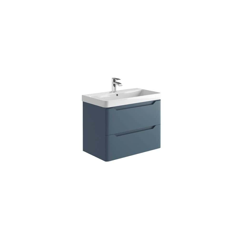 Sleek blue bathroom vanity unit with integrated sink, modern chrome tap, and two spacious drawers for bathroom storage – perfect for contemporary Bubly Bathrooms.