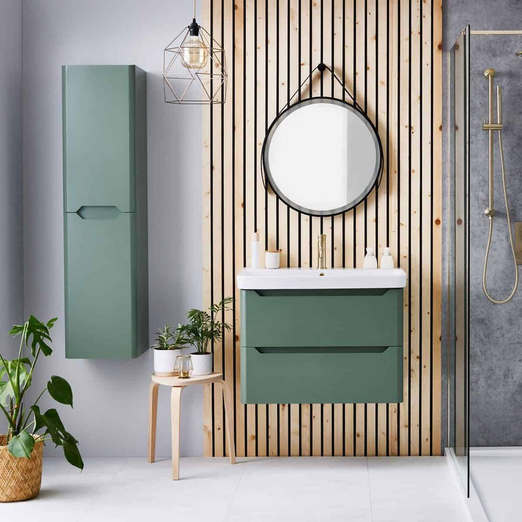 Sleek green bathroom vanity with wall-mounted storage cabinet, modern round mirror, and stylish lighting against a wooden slat feature wall, perfect for contemporary bathroom design.