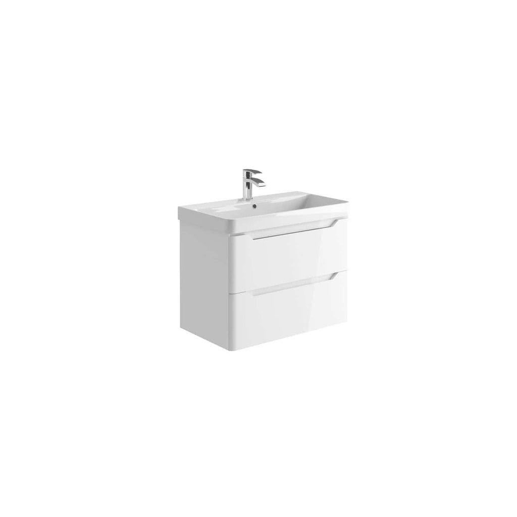 Polished white bathroom vanity with integrated sink and modern chrome faucet, ideal for contemporary bathrooms. Designed for style and functionality, incorporating storage drawers for bathroom essentials.