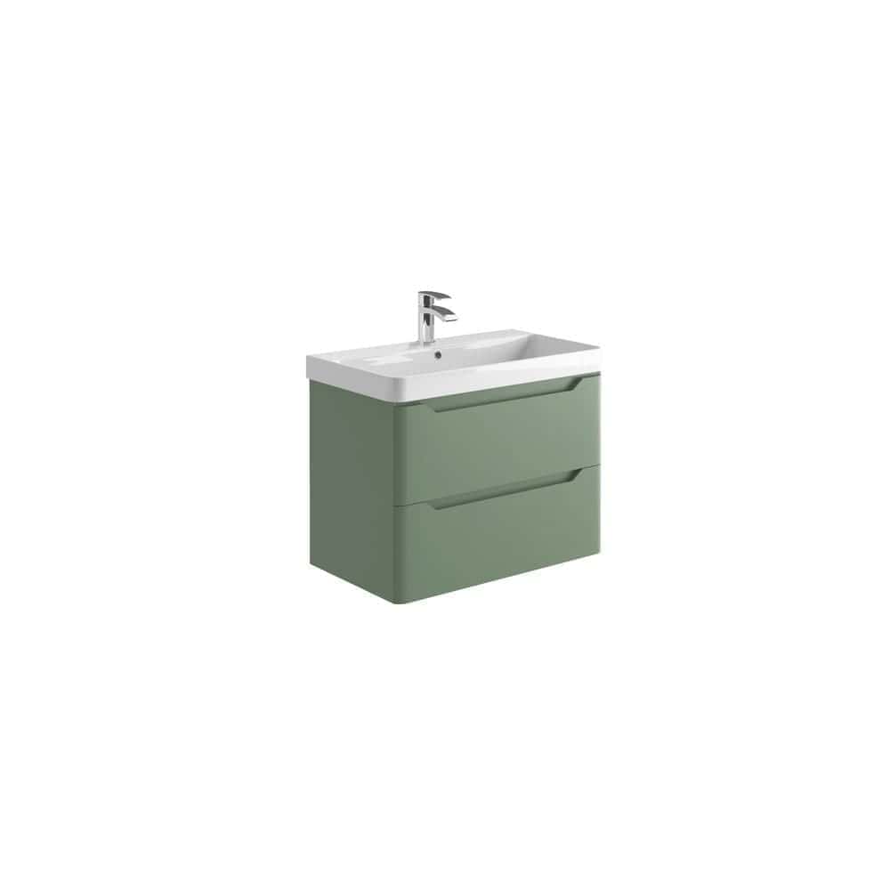 Modern green bathroom vanity with integrated sink and chrome tap, ideal for contemporary bathroom design. Perfect storage solution with clean, sleek lines and durable materials.