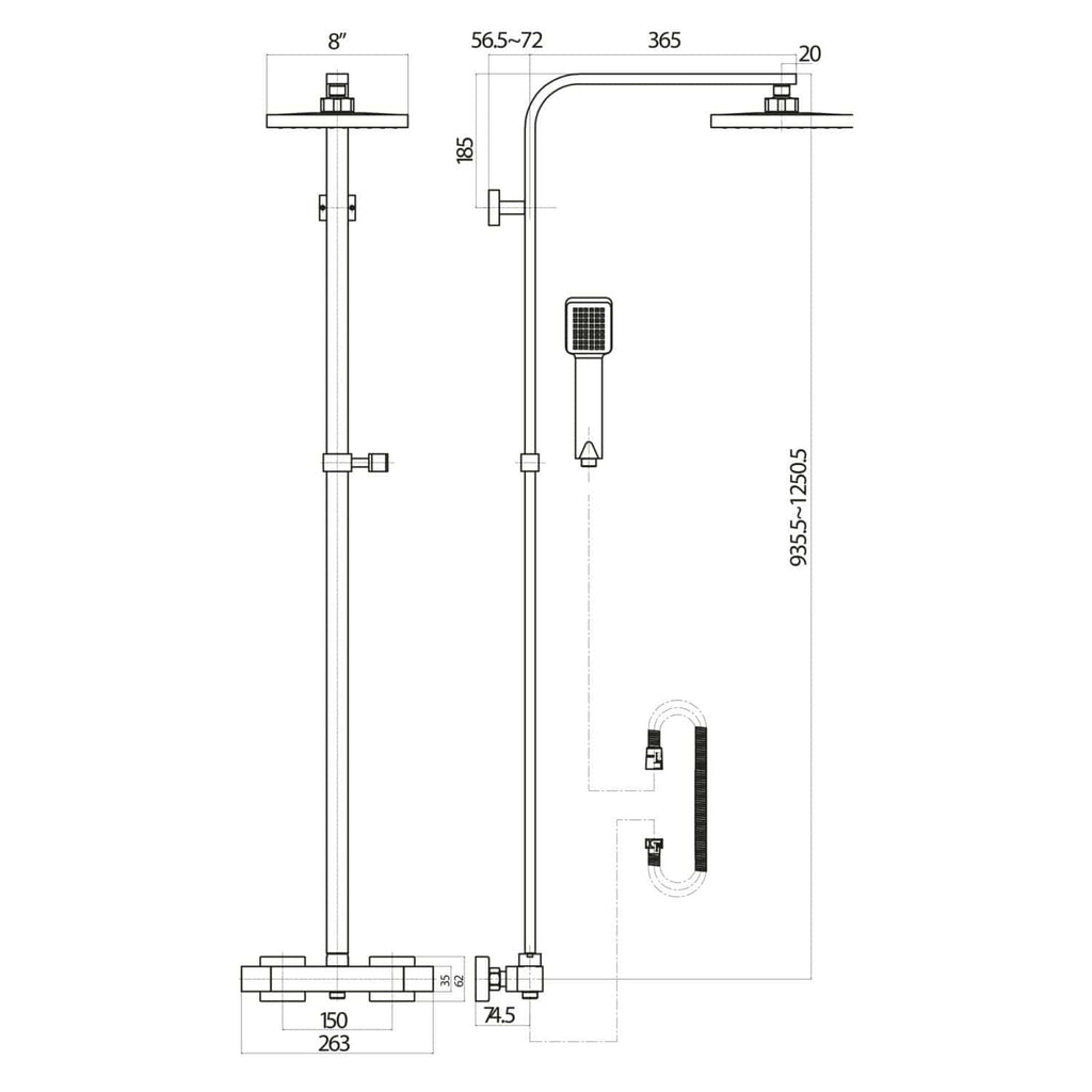 Sleek modern shower panel system with rainfall and handheld shower heads, ideal for luxurious bathroom upgrades. Features precise measurements and easy installation for contemporary bathrooms.