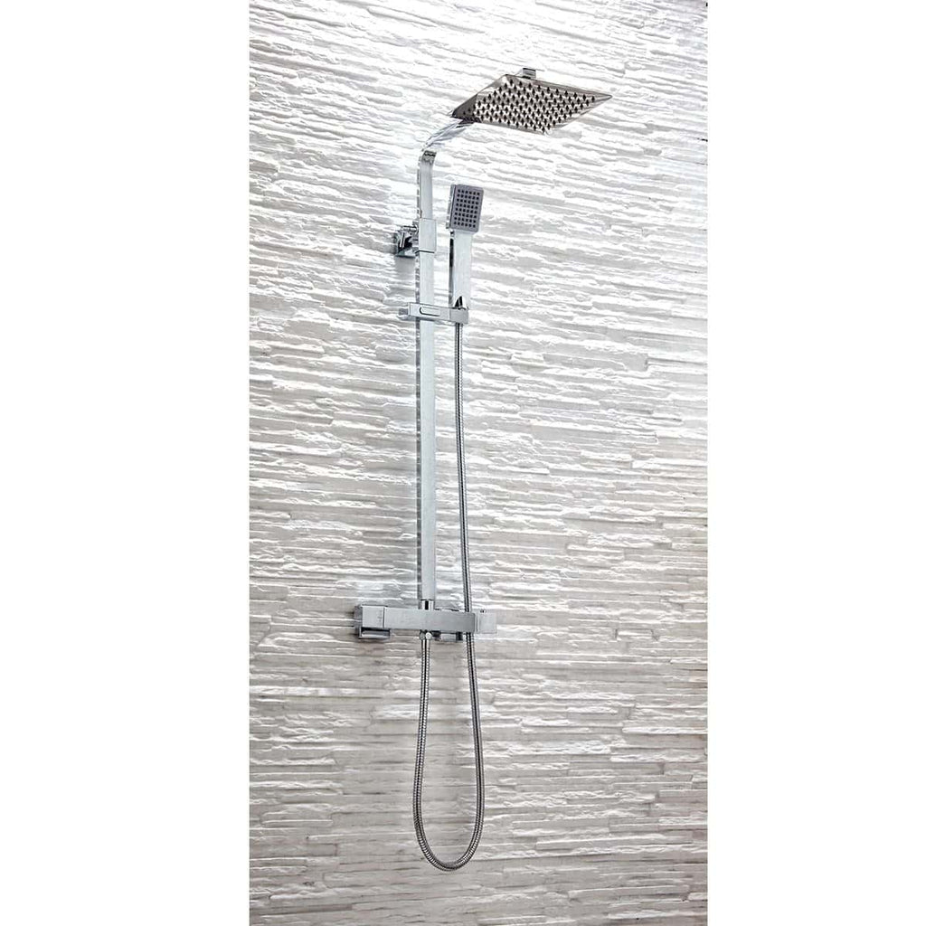Sleek chrome shower panel with rain showerhead, handheld spray, and modern design on textured white wall. Ideal for contemporary bathrooms.