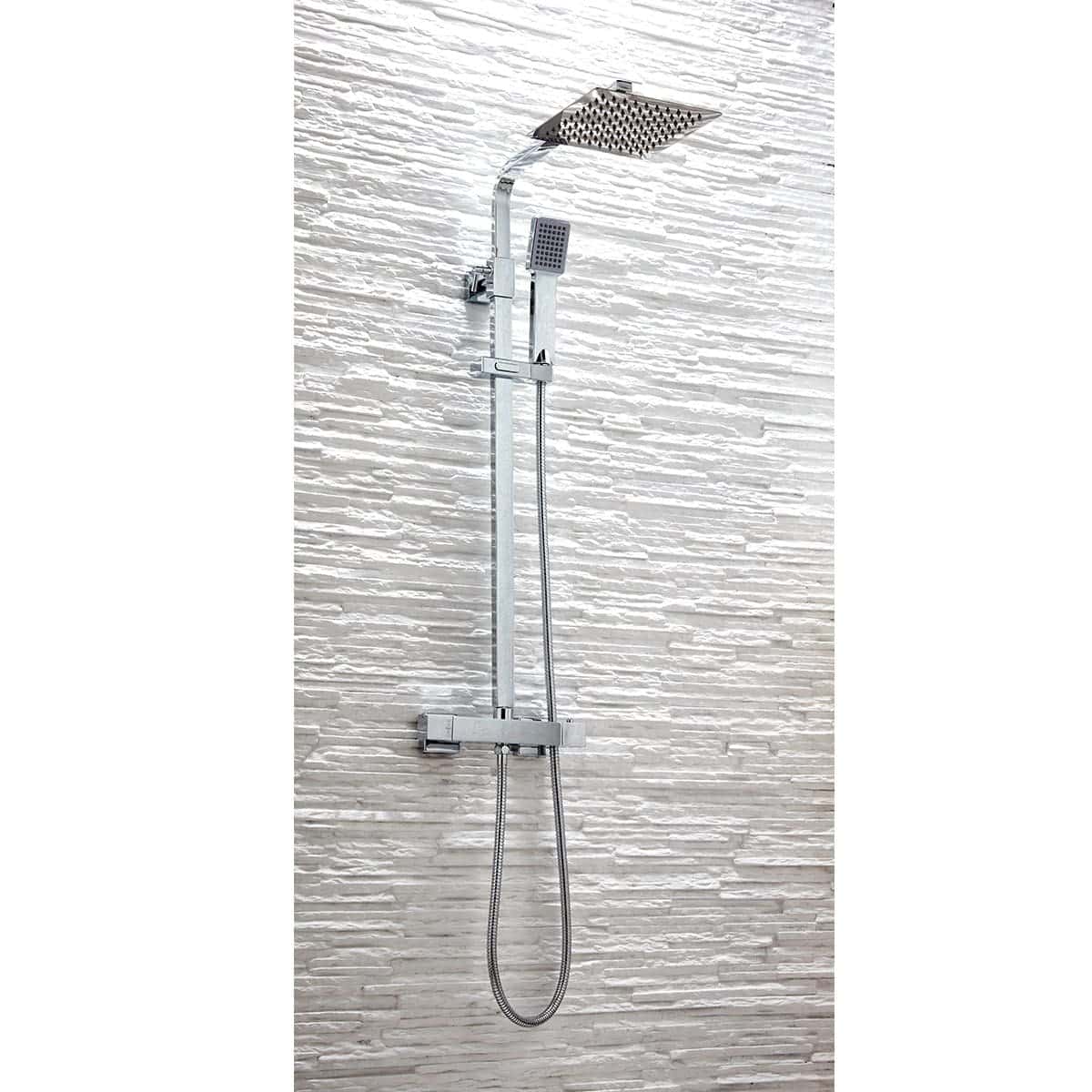 Sleek chrome shower panel with rain showerhead, handheld spray, and modern design on textured white wall. Ideal for contemporary bathrooms.