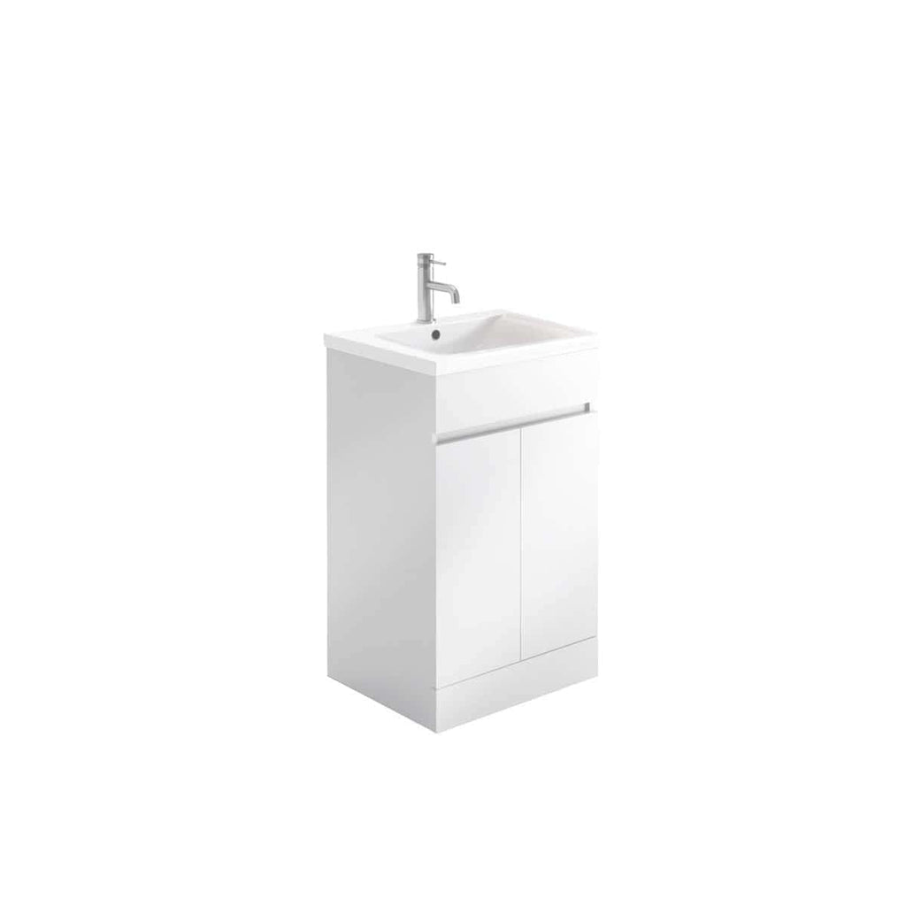Modern white bathroom vanity with integrated sink and sleek chrome faucet, perfect for contemporary bathroom designs. Space-saving storage cabinet with soft-close doors, stylish and functional for your bathroom.