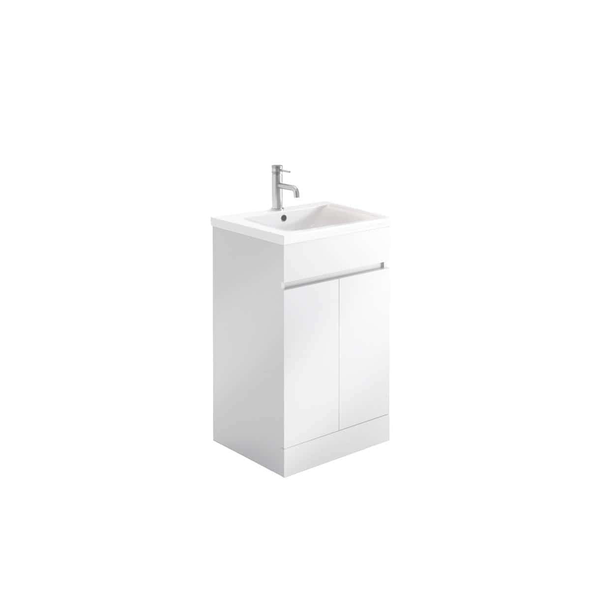 Modern white bathroom vanity with integrated sink and sleek chrome faucet, perfect for contemporary bathroom designs. Space-saving storage cabinet with soft-close doors, stylish and functional for your bathroom.