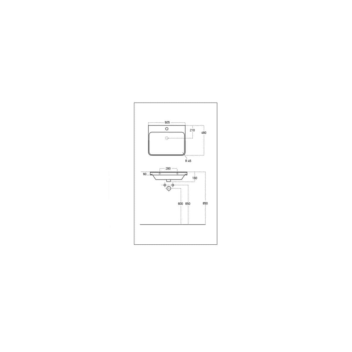 Elegant square bathroom sink with detailed measurements for optimal bathroom design. Ideal for modern bathrooms, showcasing stylish and space-saving installation options.