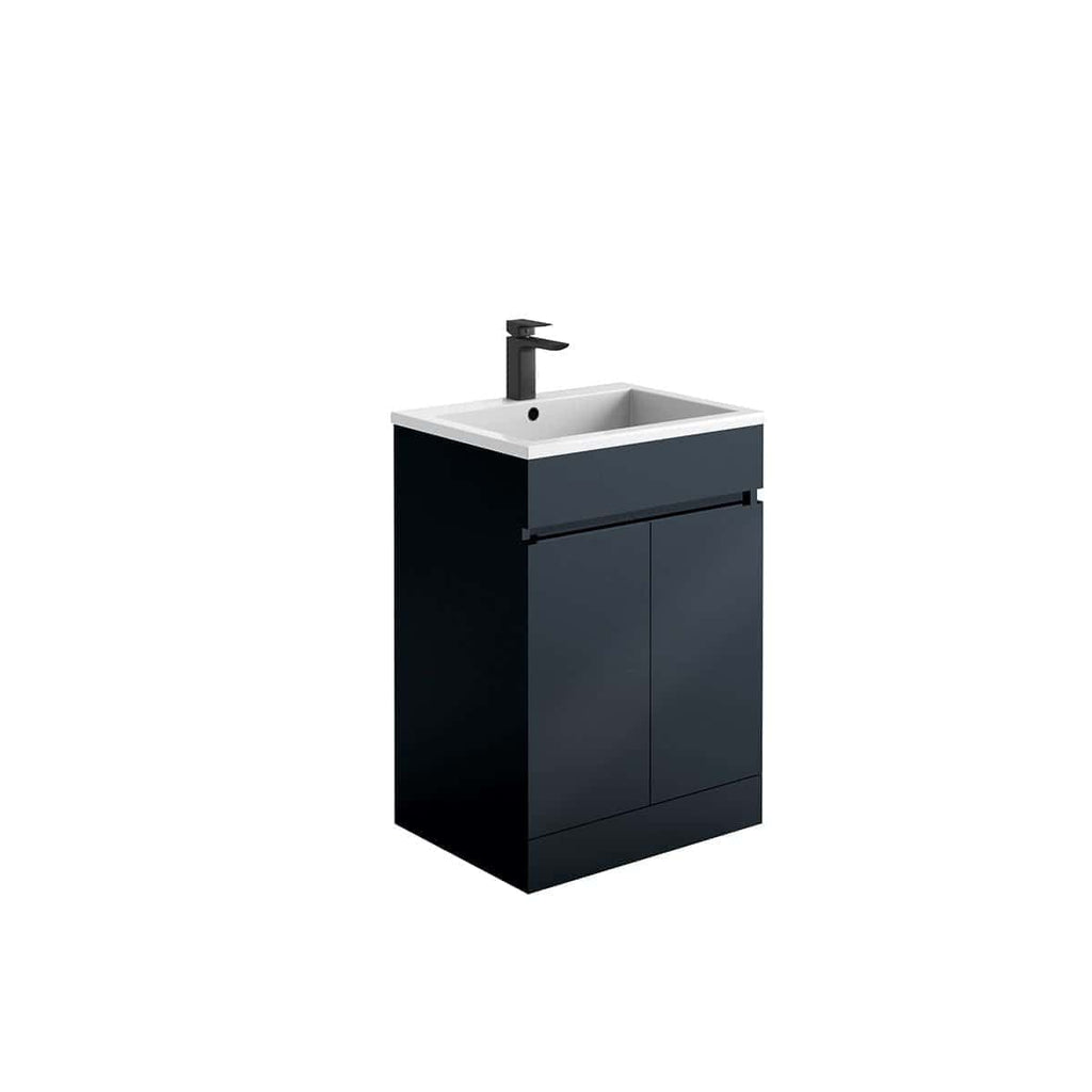 Sleek black bathroom vanity with integrated ceramic sink and modern black tap, perfect for contemporary bathroom upgrade.