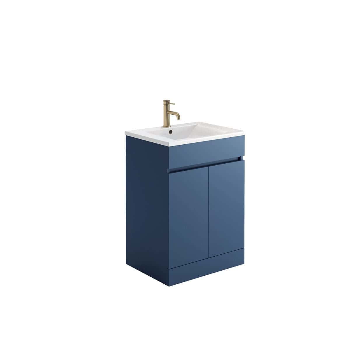 Sleek blue bathroom vanity unit with integrated white sink and modern brass tap, ideal for stylish bathroom renovation and storage solutions.