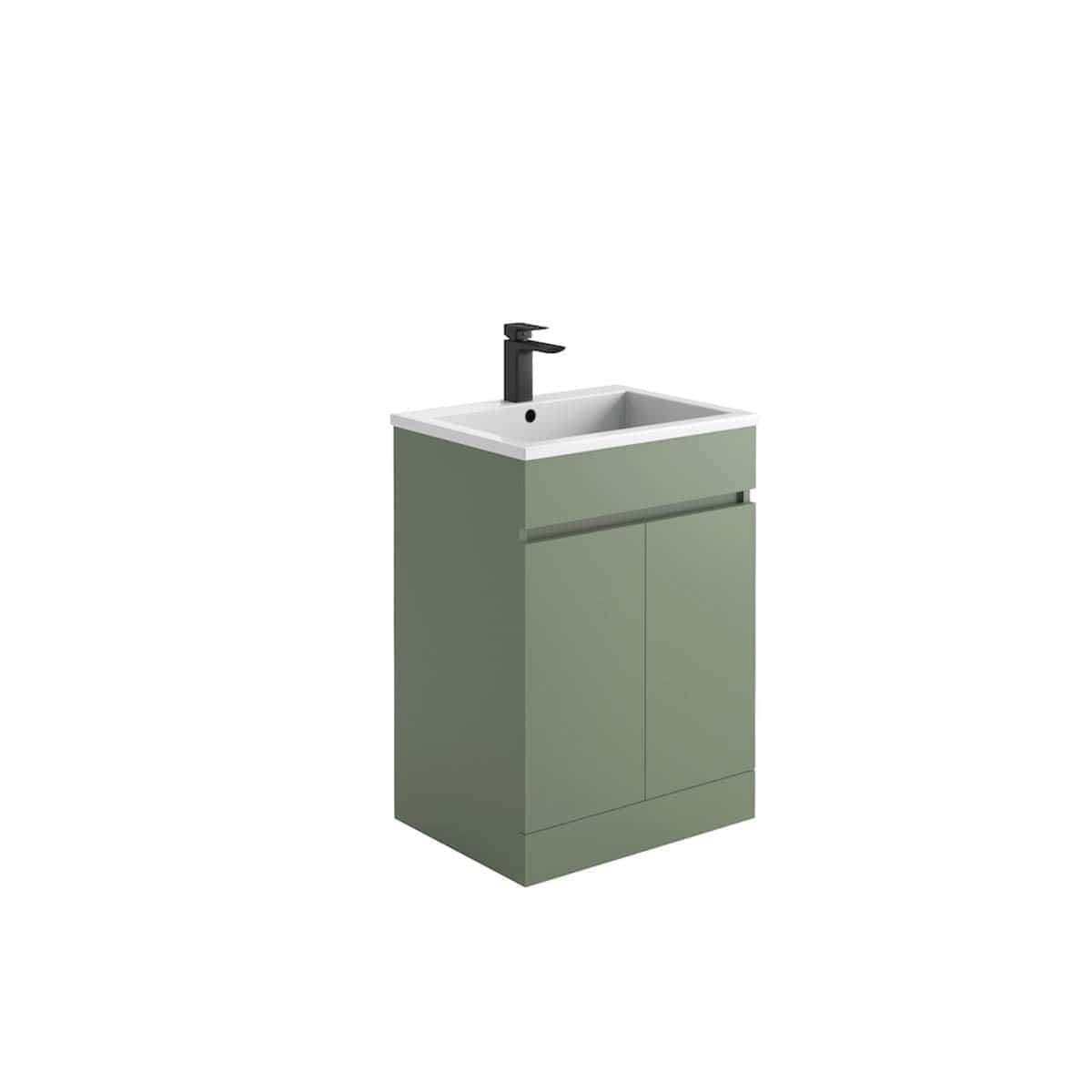 Light green bathroom vanity unit with integrated sink and modern black tap, ideal for contemporary bathroom decor.