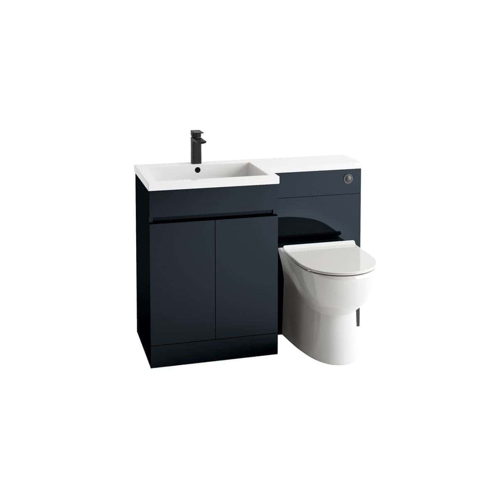Sleek modern bathroom vanity unit with integrated sink, black finish, and wall-mounted toilet, perfect for contemporary bathrooms. Compact design with storage drawers and minimalist aesthetic.