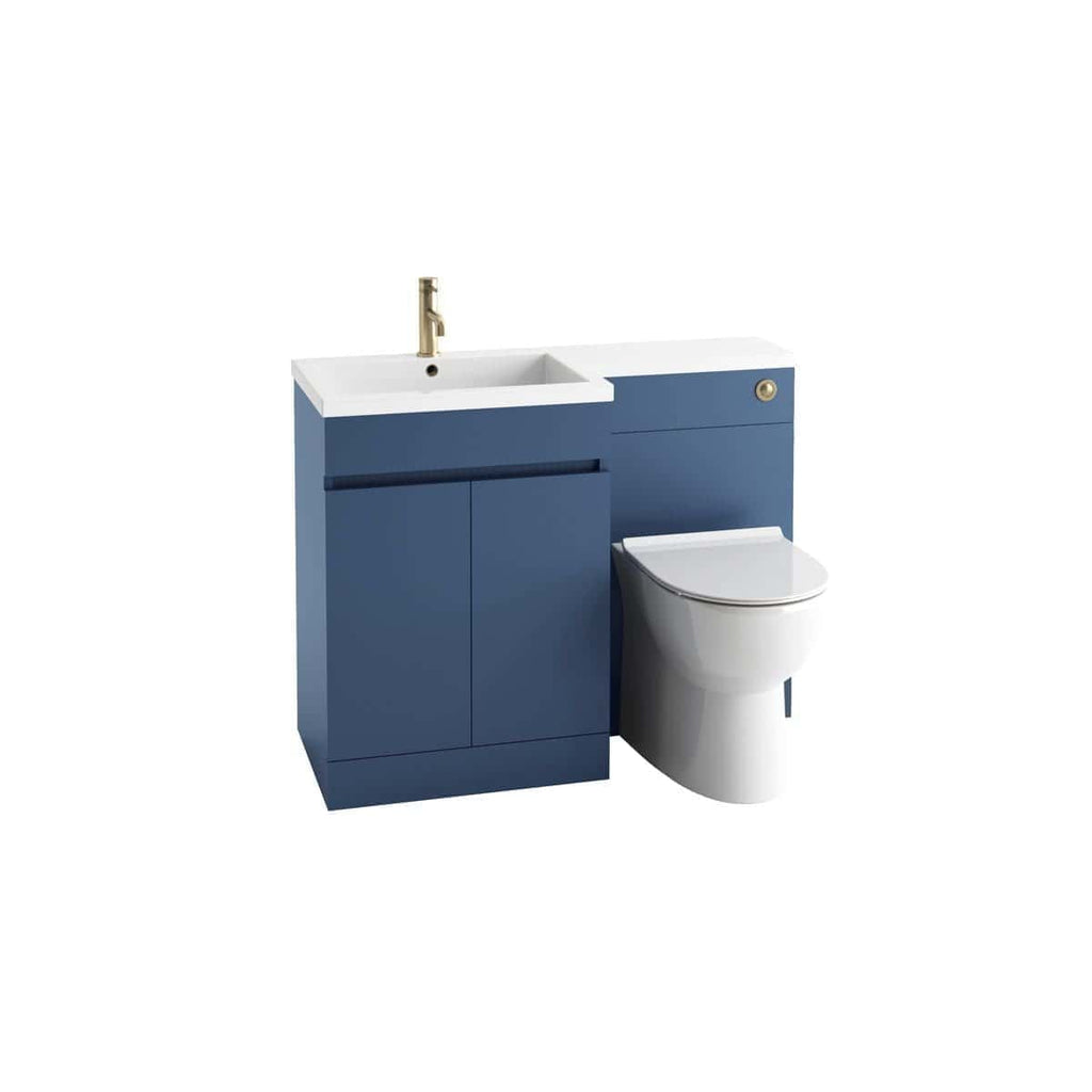 Sleek blue bathroom vanity with integrated sink and modern toilet, ideal for contemporary bathroom designs. Compact and functional, perfect for small or stylish bathrooms.