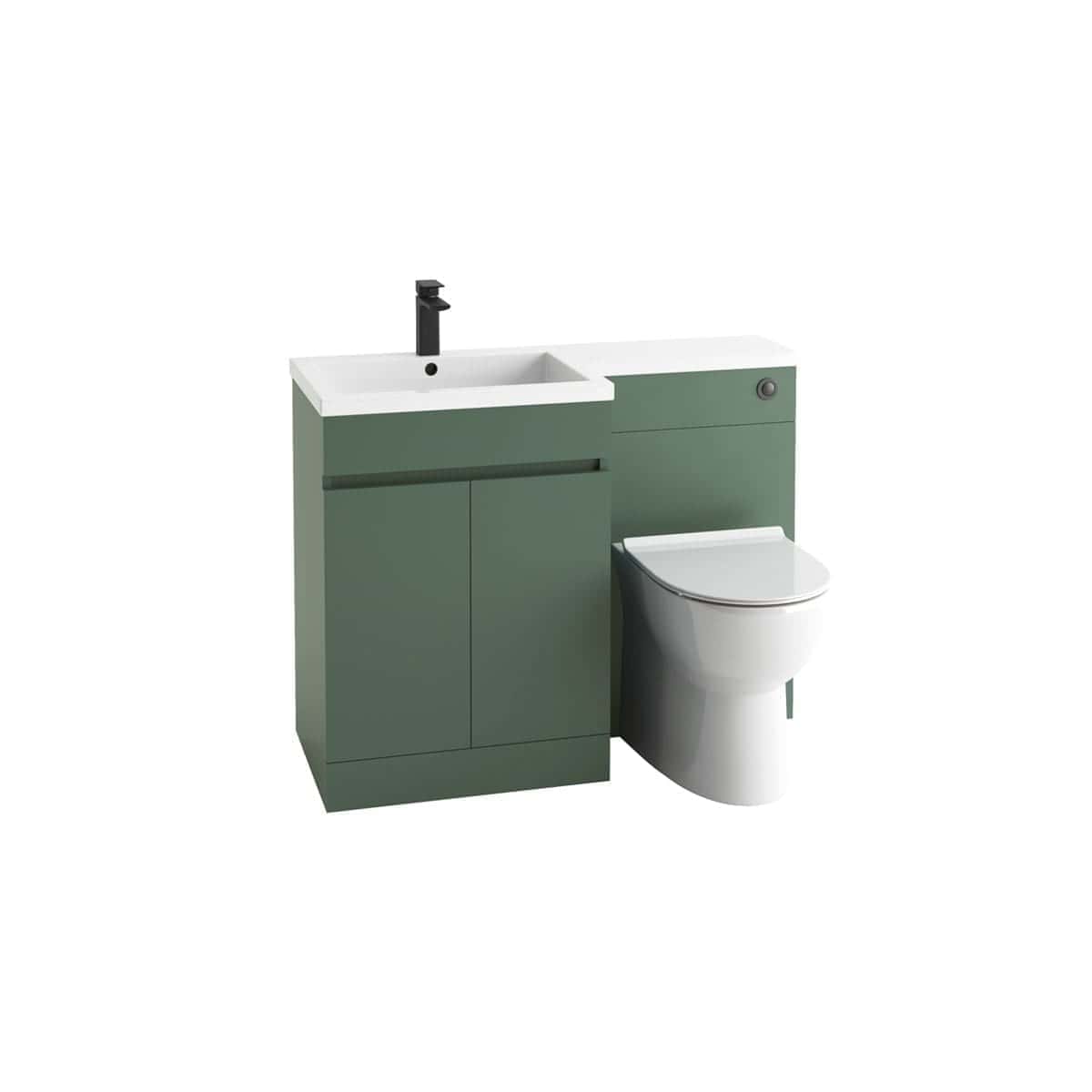 Contemporary green bathroom vanity with integrated sink and modern black faucet, paired with a sleek white toilet, ideal for stylish and functional bathroom designs.