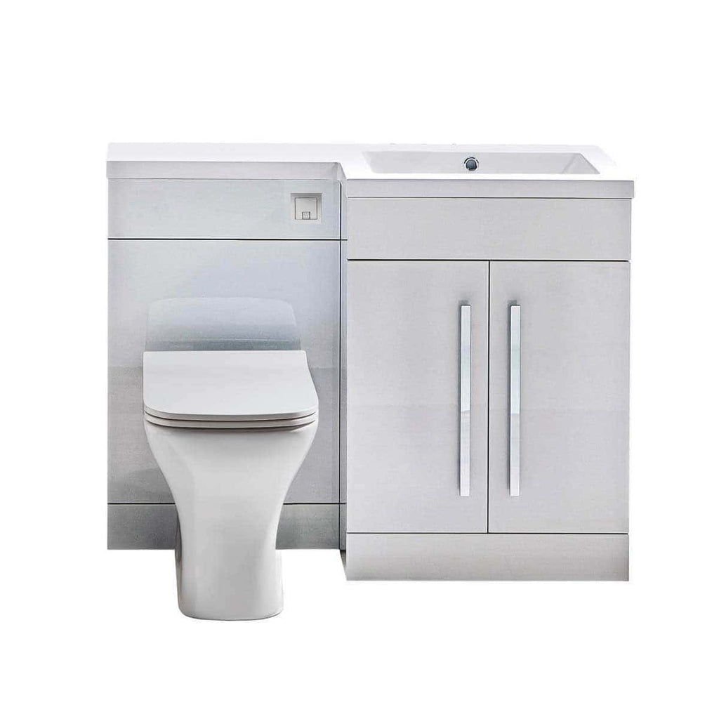 Modern bathroom vanity with integrated toilet and sleek cabinetry, perfect for contemporary bathroom designs. Featuring built-in storage and contemporary fixtures from Bubly Bathrooms.