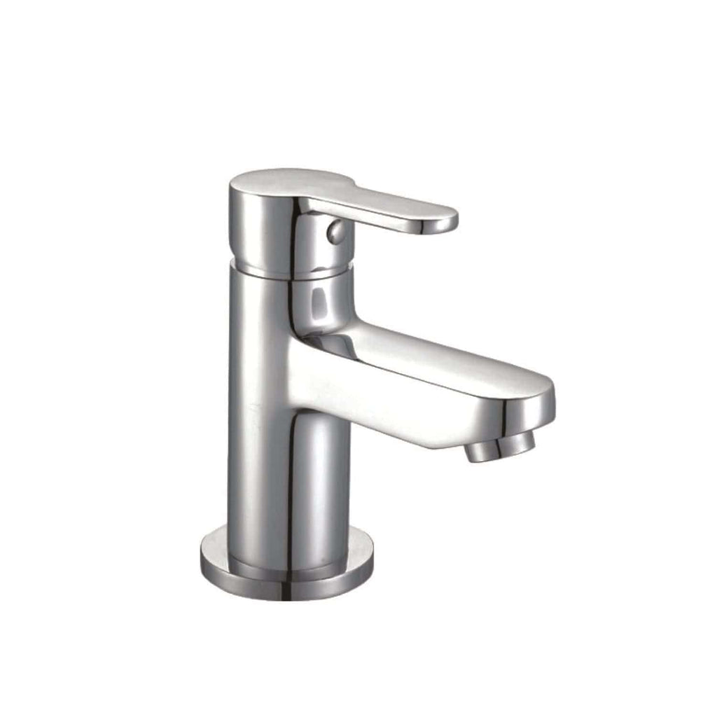 Sleek modern silver bathroom tap with single lever handle, ideal for contemporary basin installations and water-saving fixtures. Perfect for stylish bathroom refurbishments.