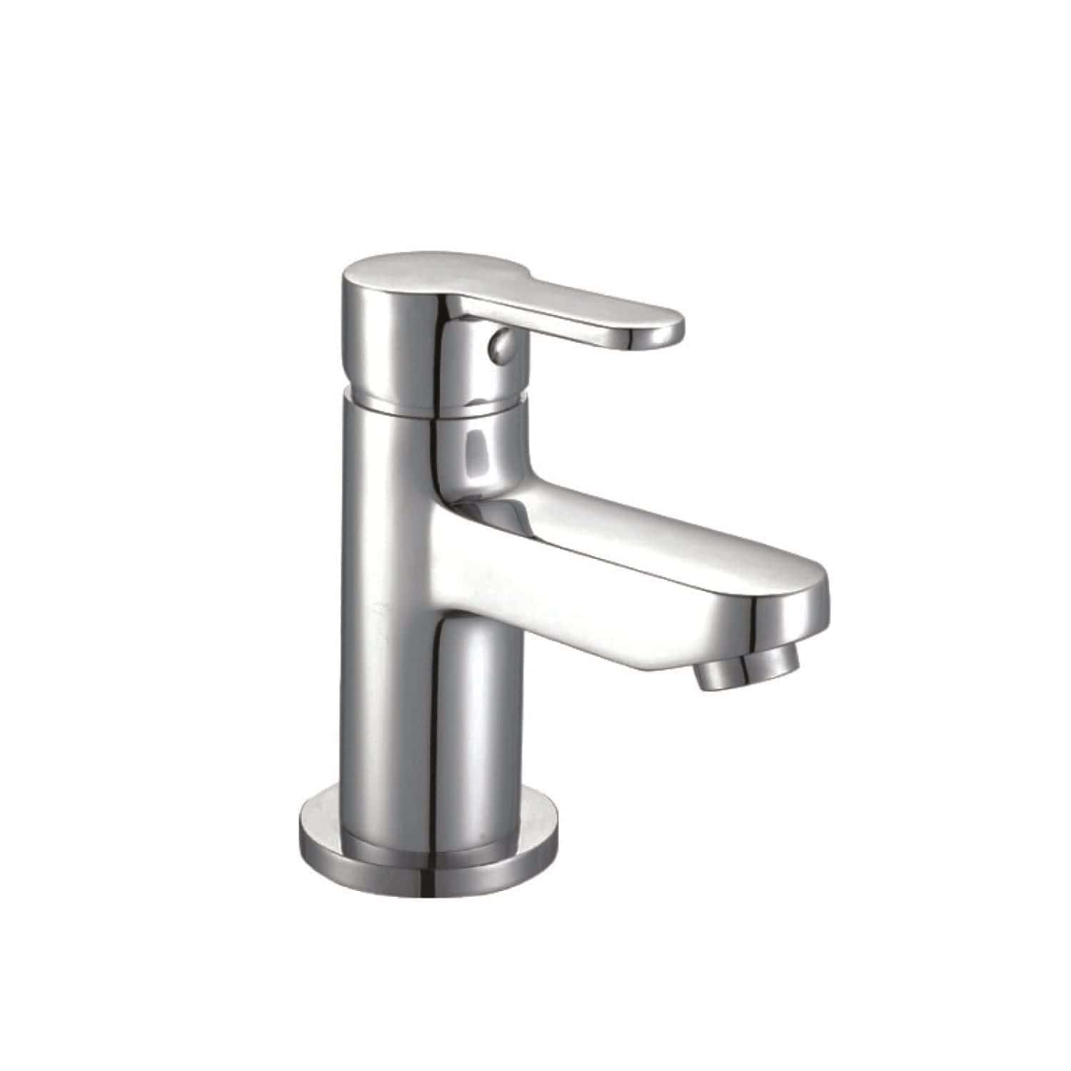 Sleek modern silver bathroom tap with single lever handle, ideal for contemporary basin installations and water-saving fixtures. Perfect for stylish bathroom refurbishments.