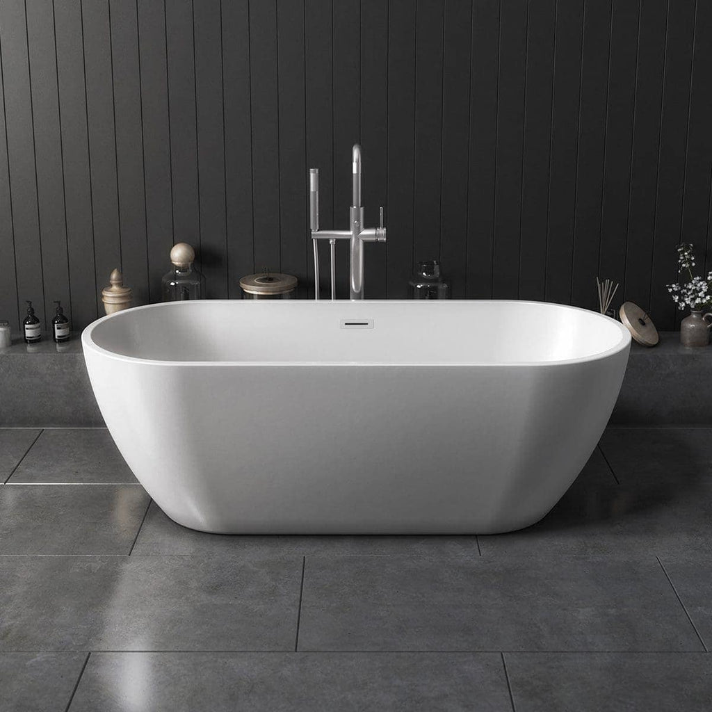 Sleek modern freestanding white bathtub with contemporary chrome tap, set against a dark paneled wall in a luxurious bathroom. Perfect for stylish bathroom renovations and high-end bathroom designs.
