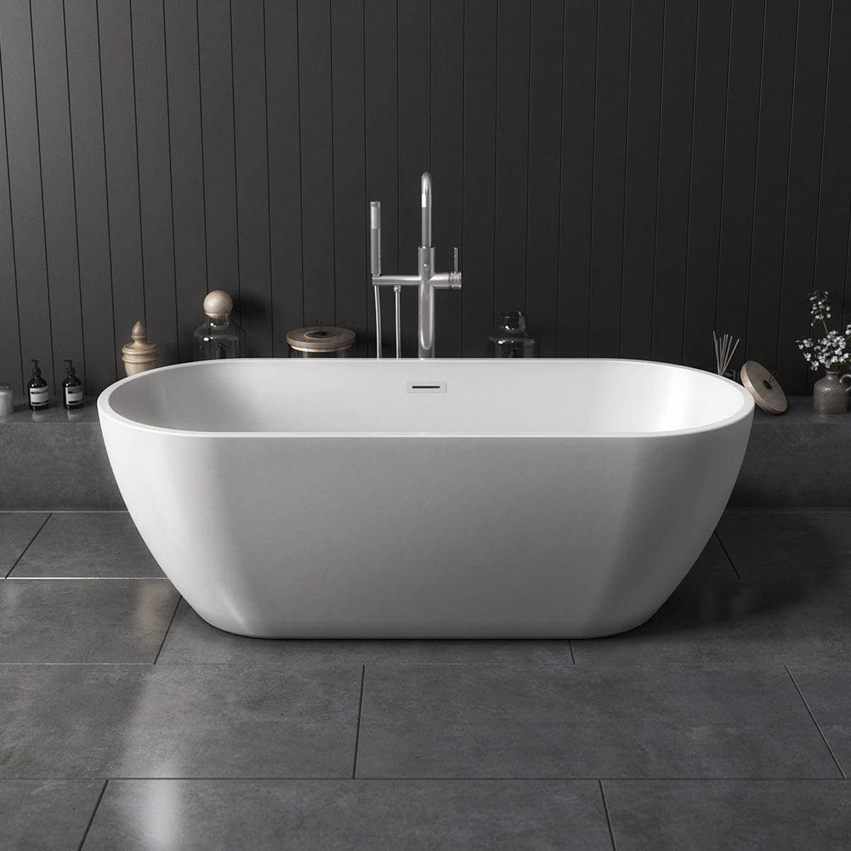Sleek modern freestanding white bathtub with contemporary chrome tap, set against a dark paneled wall in a luxurious bathroom. Perfect for stylish bathroom renovations and high-end bathroom designs.