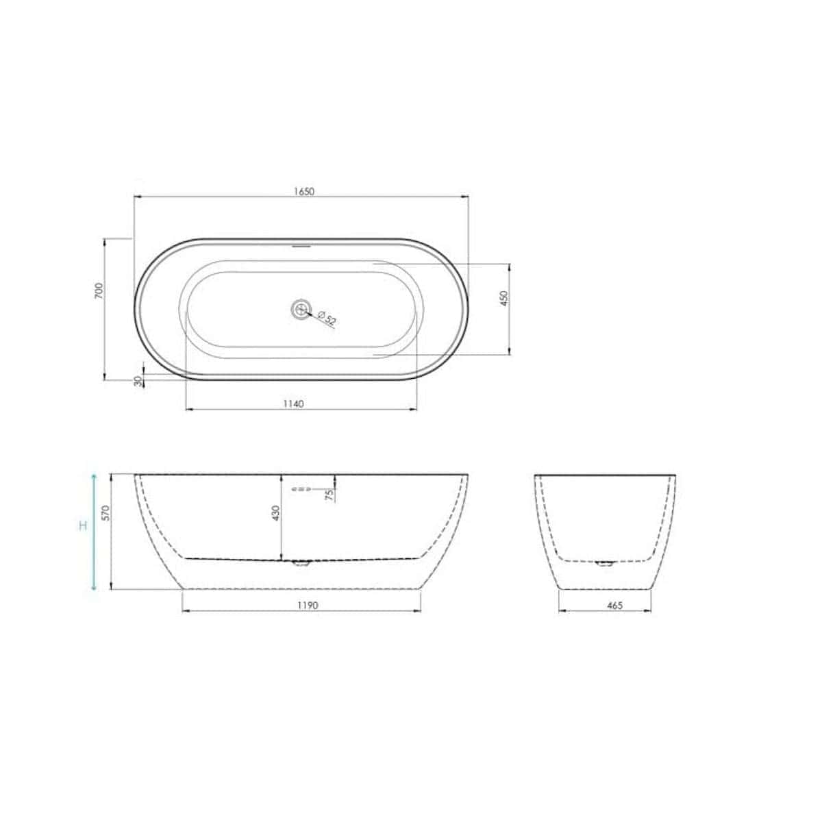 Sleek oval freestanding bathtub with detailed technical drawing, ideal for modern bathrooms. Features precise dimensions for installation, including length, width, height, and drain location, perfect for luxury bathroom designs.