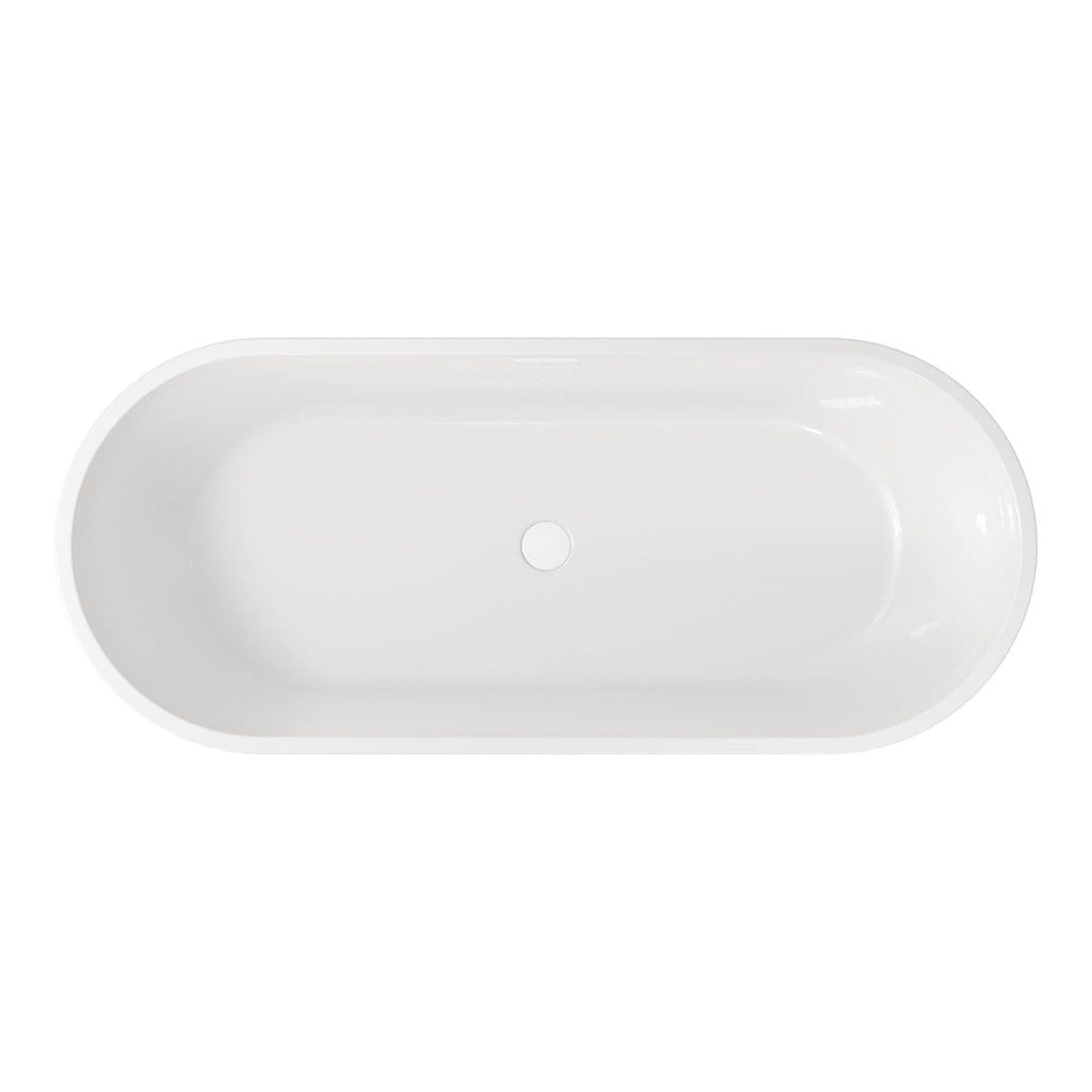 Pure white freestanding oval bathtub, modern bathroom fixture, ideal for luxury bathrooms, durable ceramic material, seamless design, creating a sleek and stylish bathing space.