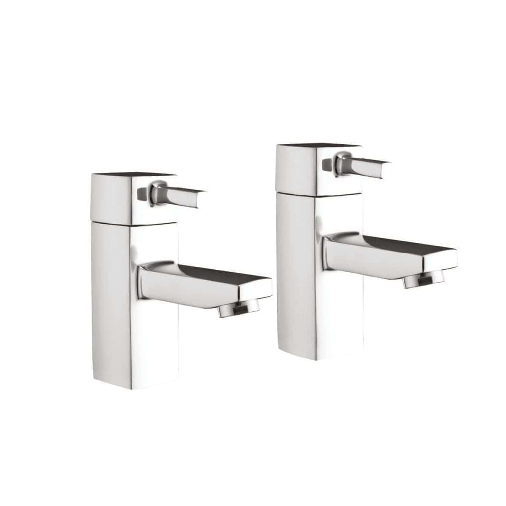 Sleek modern twin bathroom basin mixer taps with contemporary chrome finish for stylish bathroom upgrades.