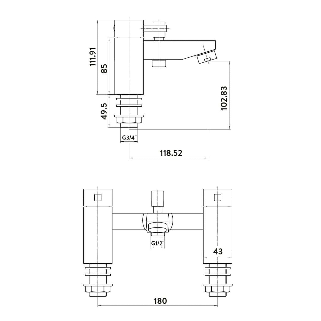 High-quality technical drawing of a bathroom tap with precise measurements, suitable for bathroom refurbishment and installation planning. Perfect for plumbing design and renovation projects.