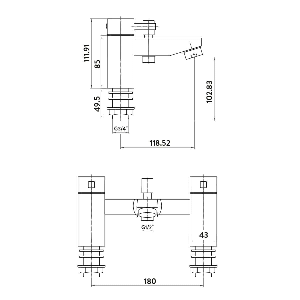 High-quality technical drawing of a bathroom tap with precise measurements, suitable for bathroom refurbishment and installation planning. Perfect for plumbing design and renovation projects.