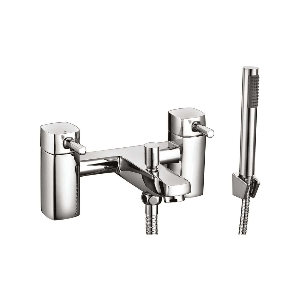 Shower mixer tap with hand shower in sleek chrome finish, ideal for modern bathrooms and shower installations. Features dual controls for temperature and flow, with flexible hose and wall mount.