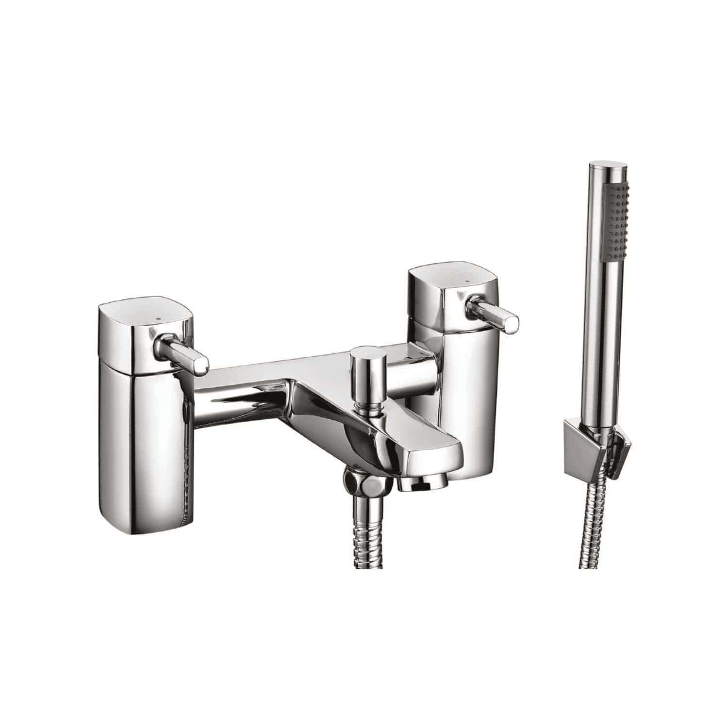Shower mixer tap with hand shower in sleek chrome finish, ideal for modern bathrooms and shower installations. Features dual controls for temperature and flow, with flexible hose and wall mount.